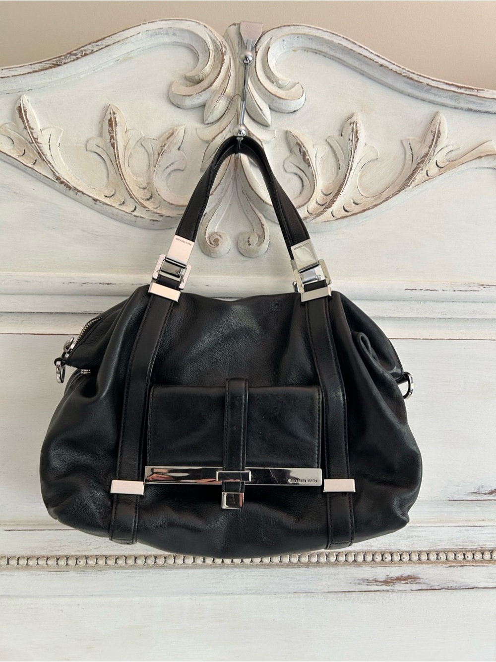 Michael Kors Blaine Black Leather Shoulder Bag with Silver Hardware